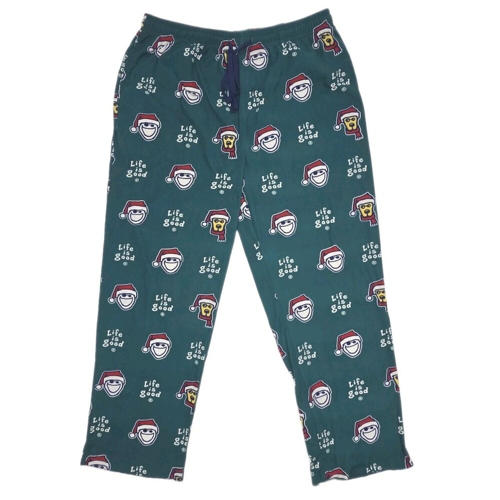 Life is Good Pajama Sleep Pants Men Sz XL Green Christmas Holiday Santa Dog Soft